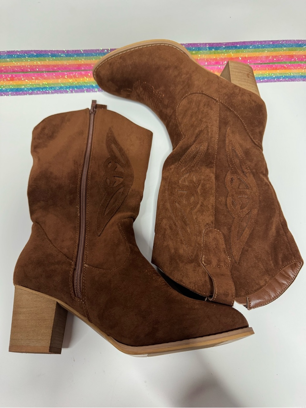 Women's Brown Suede Western Ankle Boots with Block Heel - Picture 4 of 9